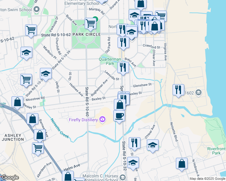 map of restaurants, bars, coffee shops, grocery stores, and more near 1122 Bexley Street in North Charleston
