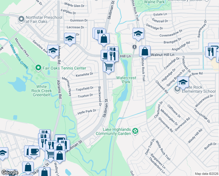 map of restaurants, bars, coffee shops, grocery stores, and more near 7056 Silverberry Street in Dallas