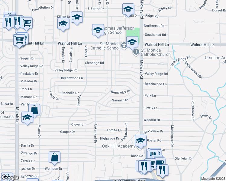 map of restaurants, bars, coffee shops, grocery stores, and more near 9644 Lakemont Drive in Dallas