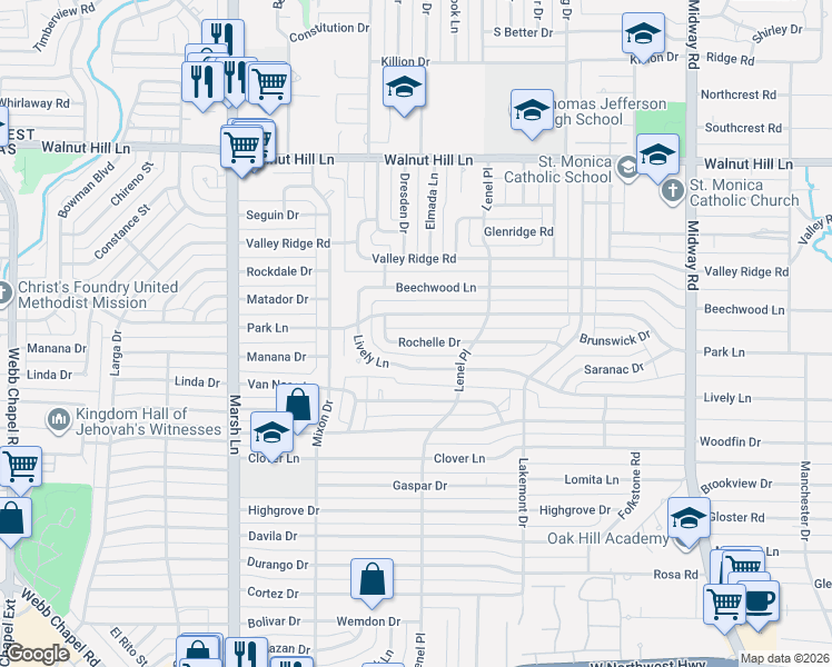 map of restaurants, bars, coffee shops, grocery stores, and more near 3950 Rochelle Drive in Dallas