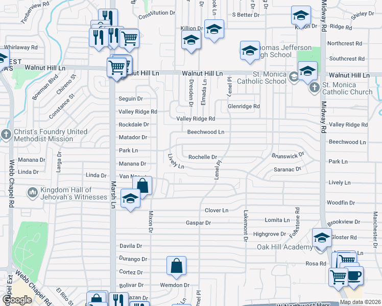 map of restaurants, bars, coffee shops, grocery stores, and more near 3950 Rochelle Drive in Dallas