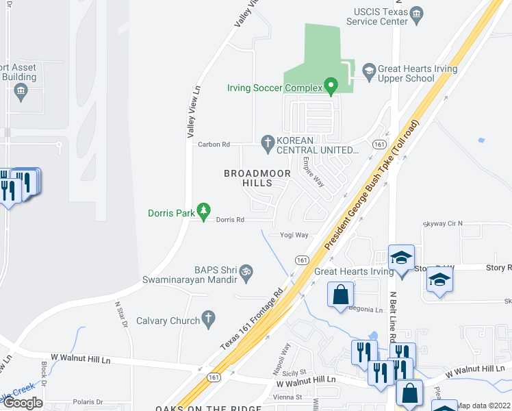 map of restaurants, bars, coffee shops, grocery stores, and more near 4017 Dorris Road in Irving