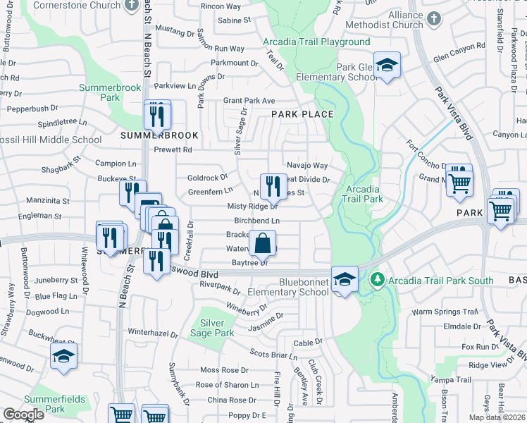 map of restaurants, bars, coffee shops, grocery stores, and more near 4712 Birchbend Lane in Fort Worth