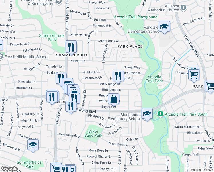 map of restaurants, bars, coffee shops, grocery stores, and more near 4668 Birchbend Lane in Fort Worth