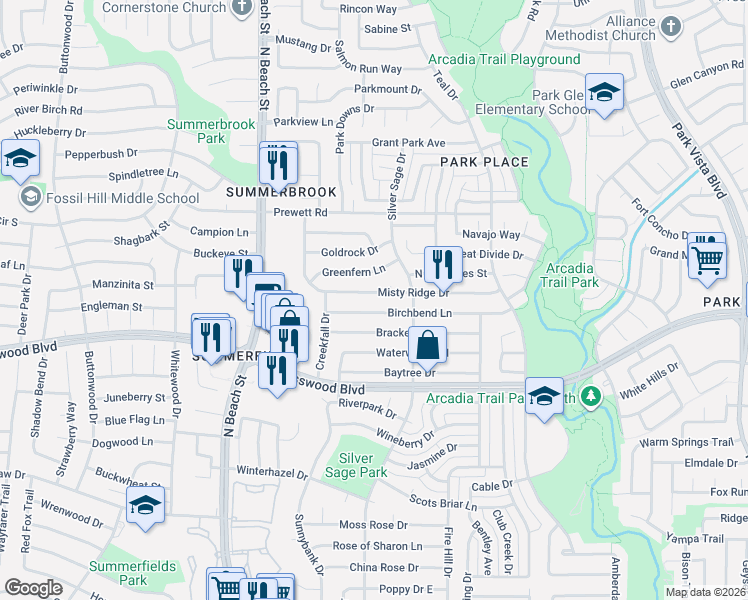 map of restaurants, bars, coffee shops, grocery stores, and more near 4632 Birchbend Lane in Fort Worth