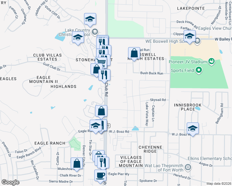 map of restaurants, bars, coffee shops, grocery stores, and more near 8200 Boat Club Road in Fort Worth