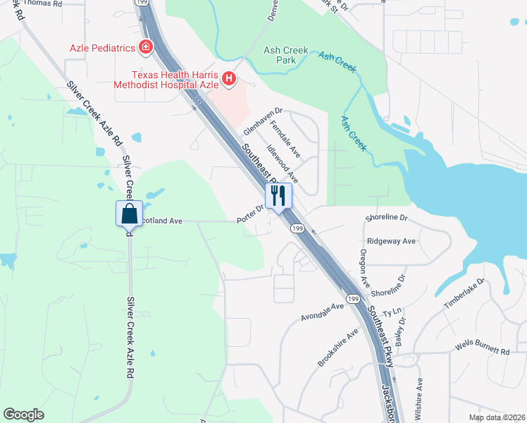 map of restaurants, bars, coffee shops, grocery stores, and more near 129 Porter Drive in Azle