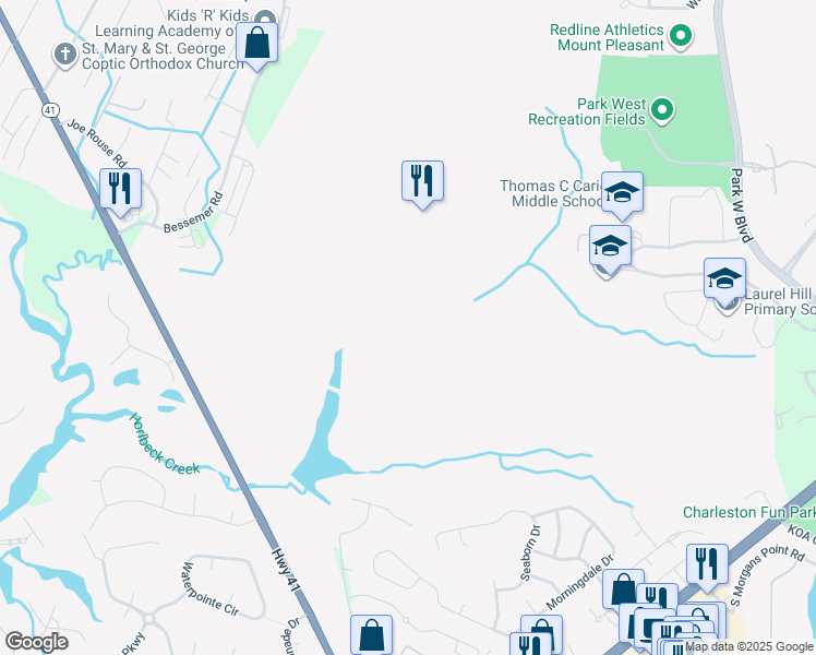 map of restaurants, bars, coffee shops, grocery stores, and more near in Mount Pleasant