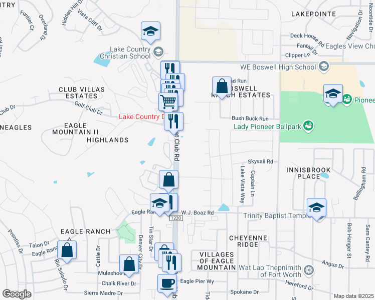 map of restaurants, bars, coffee shops, grocery stores, and more near 8214 Boat Club Road in Fort Worth