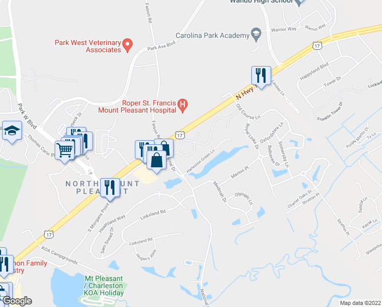 map of restaurants, bars, coffee shops, grocery stores, and more near 1021 Legends Club Drive in Mount Pleasant