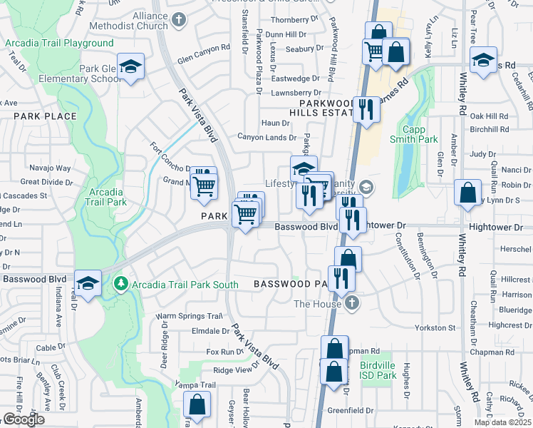 map of restaurants, bars, coffee shops, grocery stores, and more near 5420 Basswood Boulevard in Fort Worth
