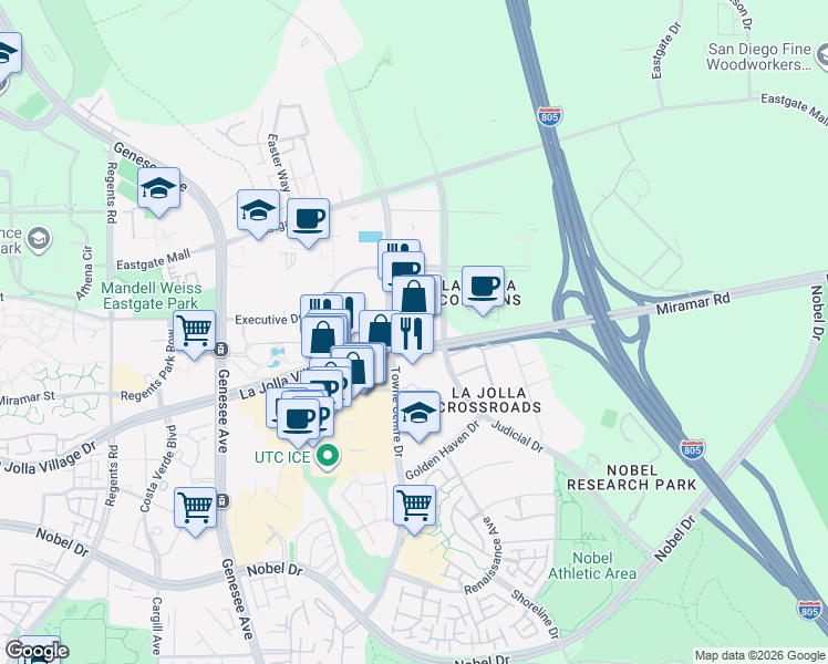 map of restaurants, bars, coffee shops, grocery stores, and more near 4660 La Jolla Village Drive in San Diego