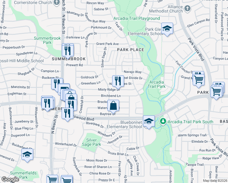 map of restaurants, bars, coffee shops, grocery stores, and more near 4712 Birchbend Lane in Fort Worth