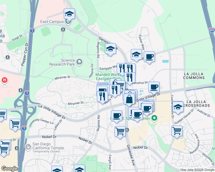 map of restaurants, bars, coffee shops, grocery stores, and more near 9237 Regents Road in San Diego