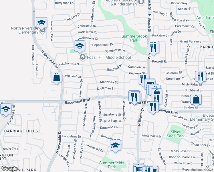 map of restaurants, bars, coffee shops, grocery stores, and more near 7408 Mulberry Court in Fort Worth