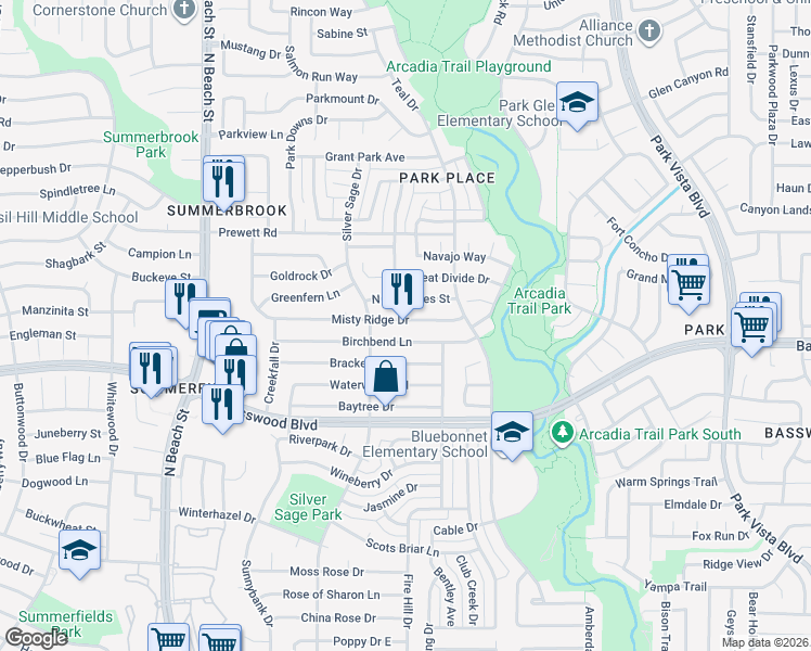 map of restaurants, bars, coffee shops, grocery stores, and more near 4728 Misty Ridge Drive in Fort Worth