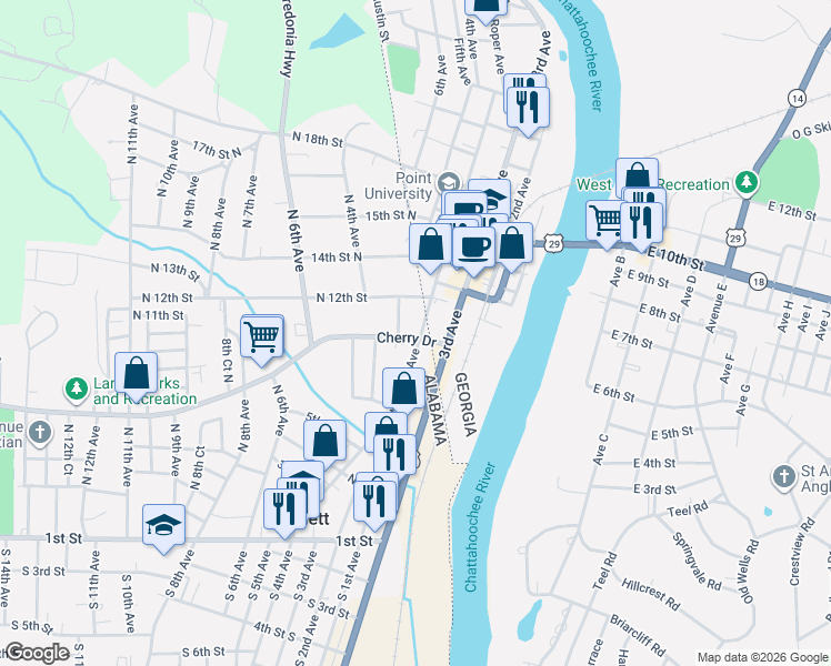 map of restaurants, bars, coffee shops, grocery stores, and more near 1011 North Lanier Avenue in Lanett