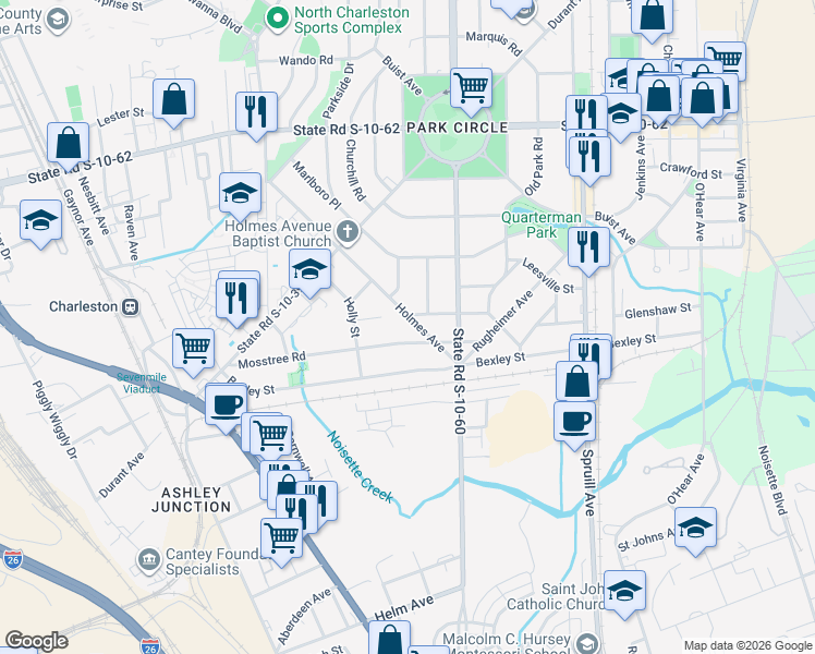 map of restaurants, bars, coffee shops, grocery stores, and more near 4505 Holmes Avenue in North Charleston