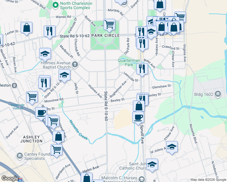 map of restaurants, bars, coffee shops, grocery stores, and more near 4442 South Rhett Avenue in North Charleston