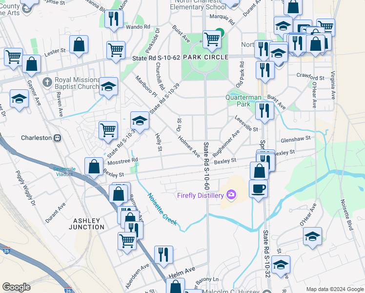 map of restaurants, bars, coffee shops, grocery stores, and more near 4505 Holmes Avenue in North Charleston