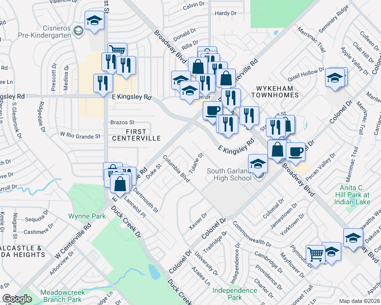 map of restaurants, bars, coffee shops, grocery stores, and more near 3405 Syracuse Drive in Garland