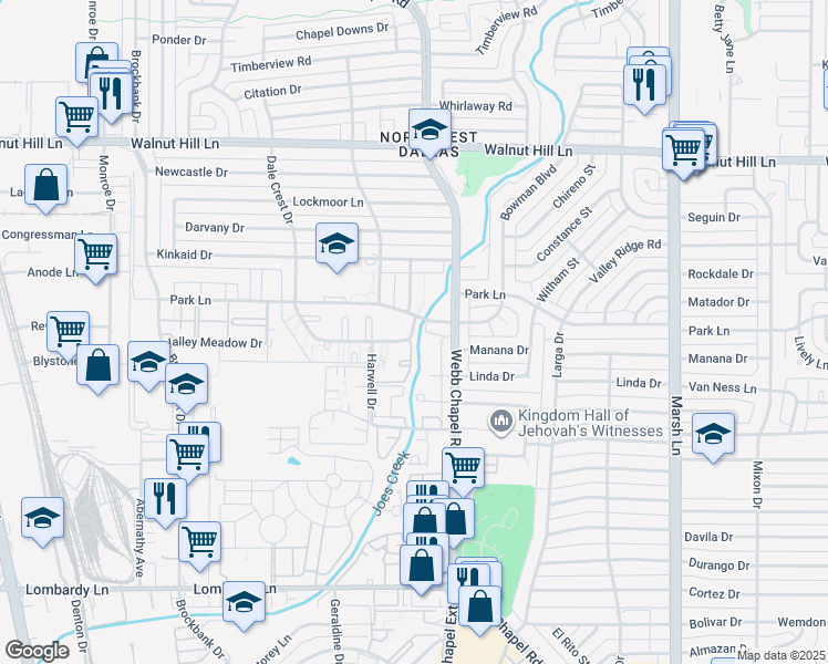 map of restaurants, bars, coffee shops, grocery stores, and more near 3210 Park Lane in Dallas