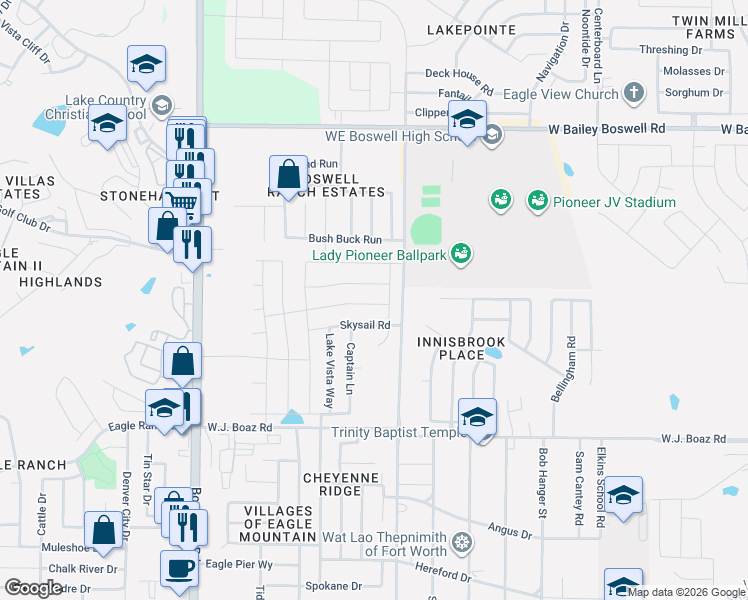 map of restaurants, bars, coffee shops, grocery stores, and more near 6228 Jackstaff Drive in Fort Worth