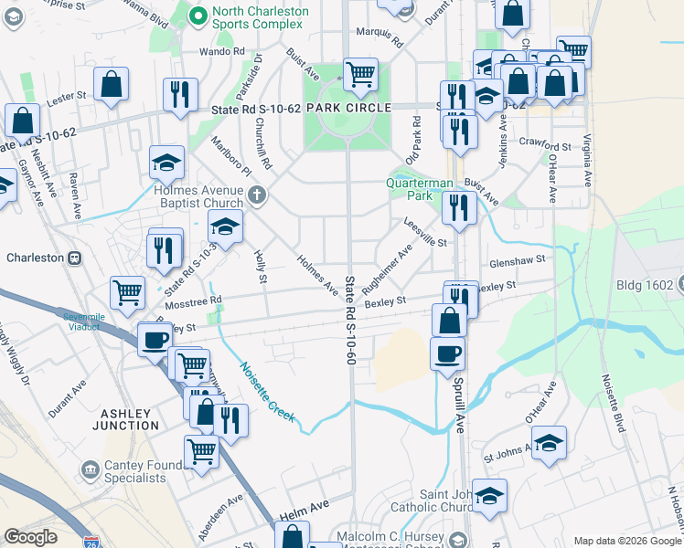 map of restaurants, bars, coffee shops, grocery stores, and more near 4502 Overbrook Avenue in North Charleston
