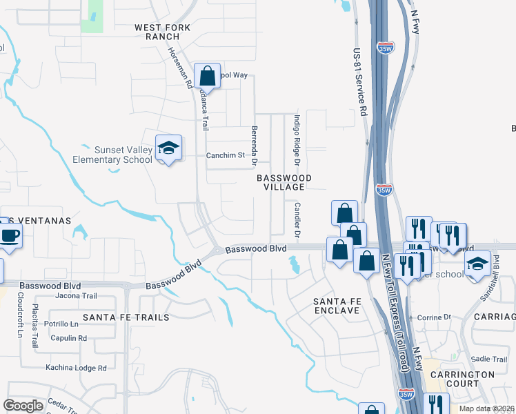 map of restaurants, bars, coffee shops, grocery stores, and more near 7525 Almondale Drive in Fort Worth