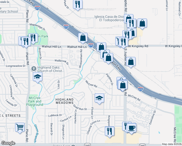 map of restaurants, bars, coffee shops, grocery stores, and more near 11460 Amanda Lane in Dallas