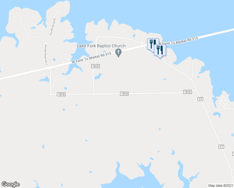 map of restaurants, bars, coffee shops, grocery stores, and more near County Road 1513 in Alba
