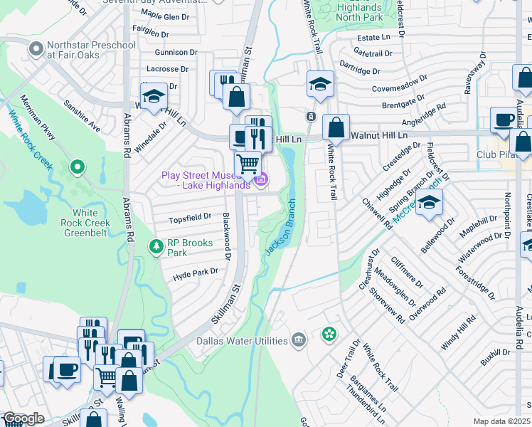 map of restaurants, bars, coffee shops, grocery stores, and more near 7077 Watercrest Parkway in Dallas