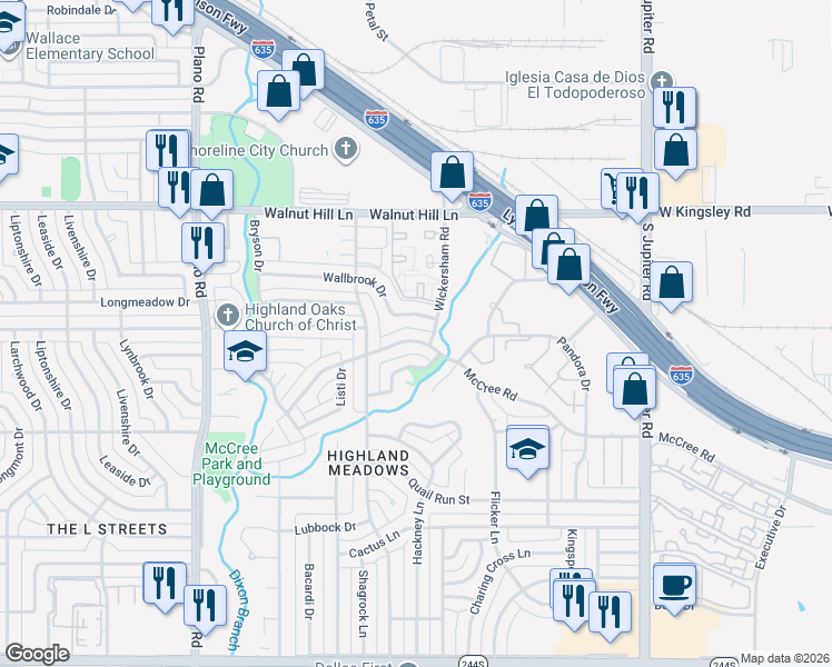 map of restaurants, bars, coffee shops, grocery stores, and more near 11063 Wallbrook Drive in Dallas