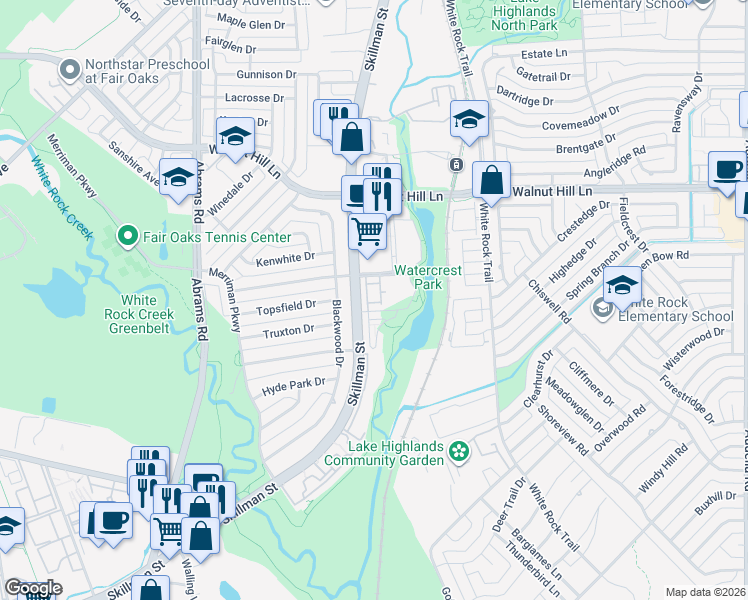 map of restaurants, bars, coffee shops, grocery stores, and more near 4 Watercrest Parkway in Dallas