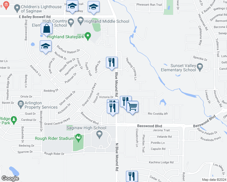 map of restaurants, bars, coffee shops, grocery stores, and more near 1152 Union Drive in Saginaw