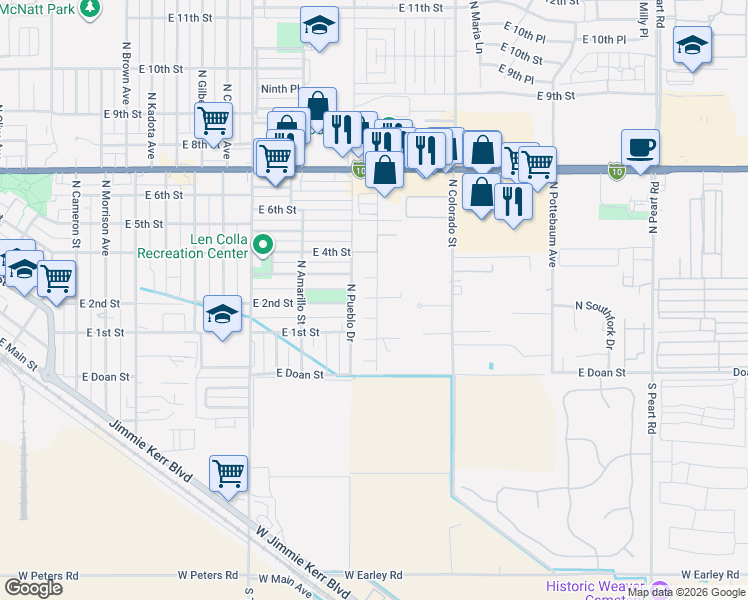 map of restaurants, bars, coffee shops, grocery stores, and more near 1219 East Erie Court in Casa Grande