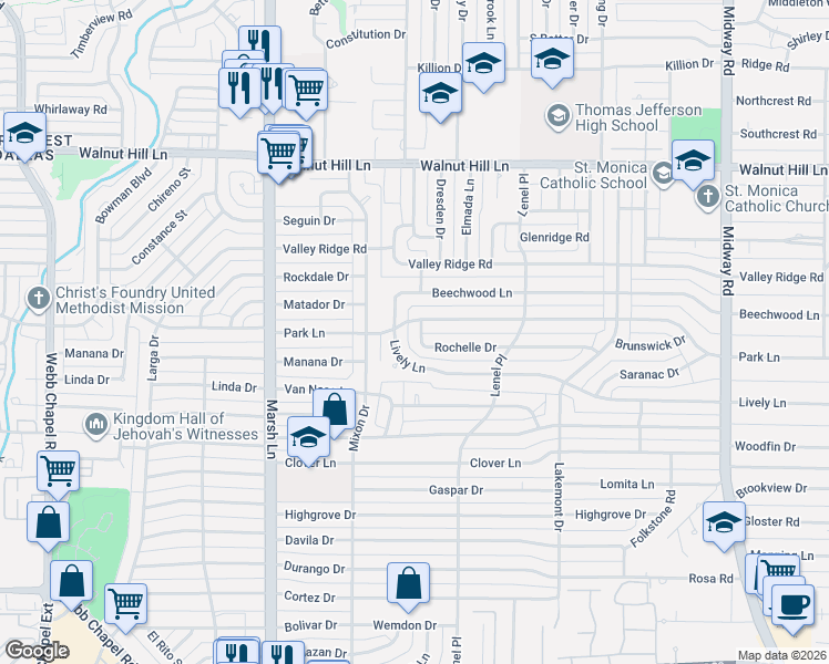 map of restaurants, bars, coffee shops, grocery stores, and more near 3851 Park Lane in Dallas