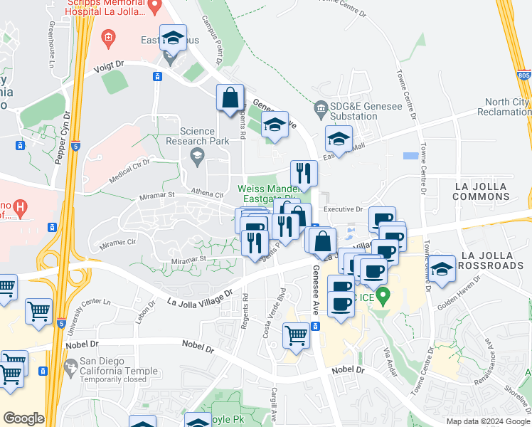 map of restaurants, bars, coffee shops, grocery stores, and more near 9341 Regents Road in San Diego