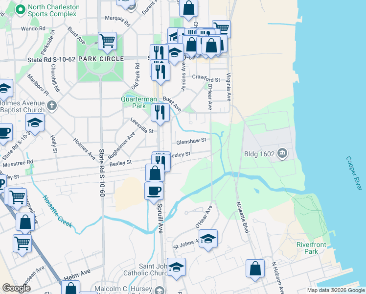 map of restaurants, bars, coffee shops, grocery stores, and more near 1080 Glenshaw Street in North Charleston