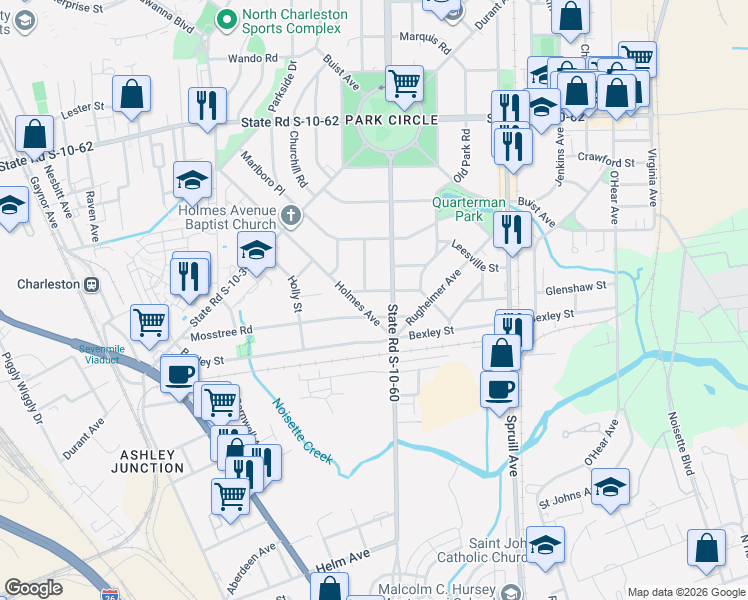 map of restaurants, bars, coffee shops, grocery stores, and more near 4502 Overbrook Avenue in North Charleston