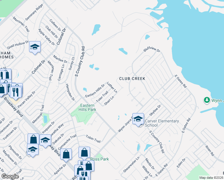 map of restaurants, bars, coffee shops, grocery stores, and more near 2109 Shari Lane in Garland