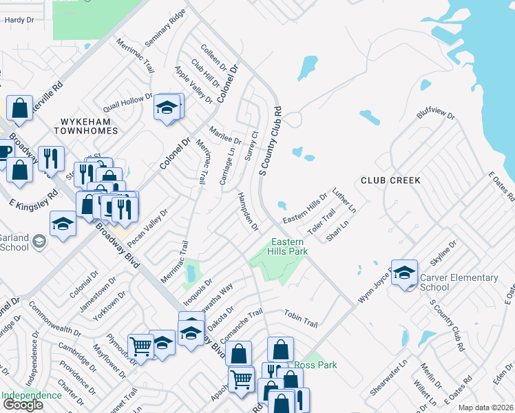 map of restaurants, bars, coffee shops, grocery stores, and more near 3301 South Country Club Road in Garland