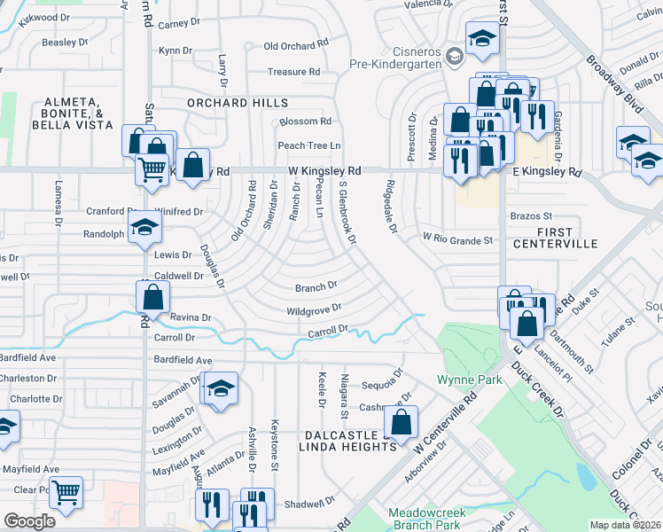 map of restaurants, bars, coffee shops, grocery stores, and more near 3306 Pecan Lane in Garland