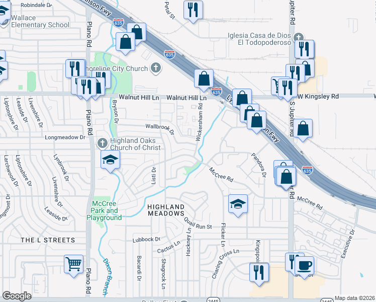 map of restaurants, bars, coffee shops, grocery stores, and more near 11063 Wallbrook Drive in Dallas