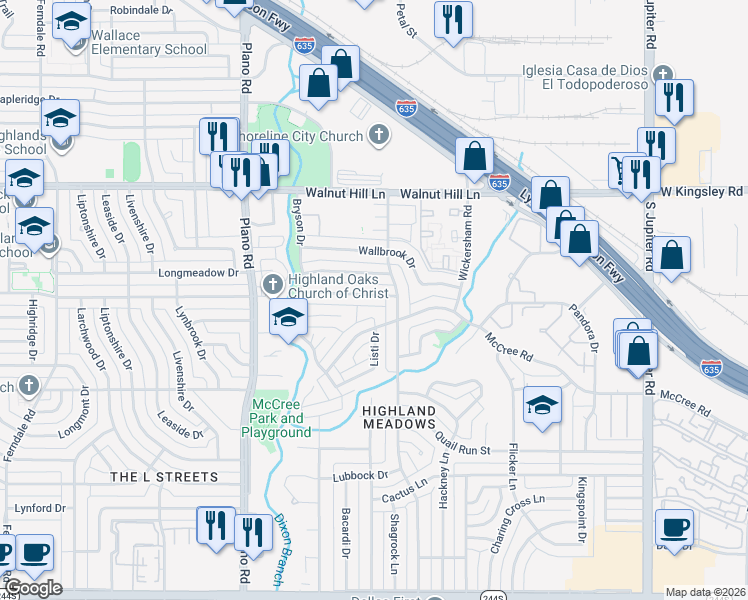 map of restaurants, bars, coffee shops, grocery stores, and more near 10954 Middle Knoll Drive in Dallas