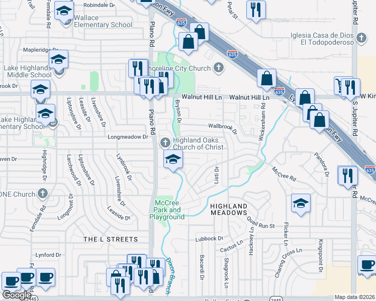 map of restaurants, bars, coffee shops, grocery stores, and more near 10809 Villa Haven Drive in Dallas