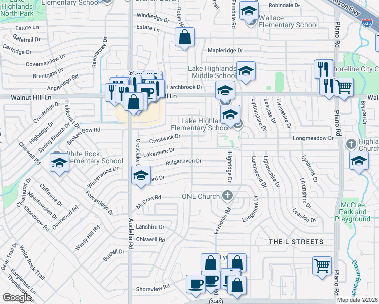 map of restaurants, bars, coffee shops, grocery stores, and more near 10005 Lakemere Drive in Dallas