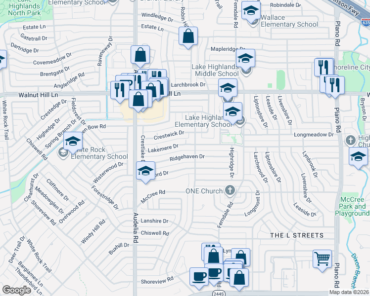 map of restaurants, bars, coffee shops, grocery stores, and more near 9925 Lakemere Drive in Dallas
