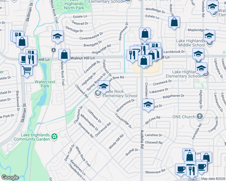 map of restaurants, bars, coffee shops, grocery stores, and more near 9511 Fieldcrest Drive in Dallas