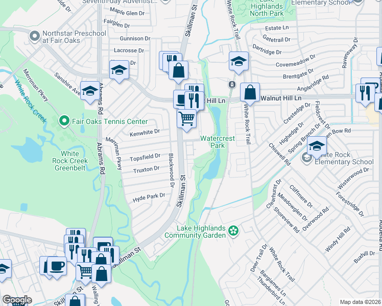 map of restaurants, bars, coffee shops, grocery stores, and more near 4 Watercrest Parkway in Dallas